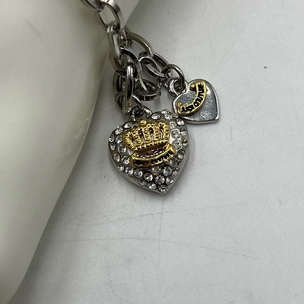 Juicy Couture‎ Chain Bracelet Pave Crystal Silver Gold Tone Puff Heart Charms - Picture 16 of 16